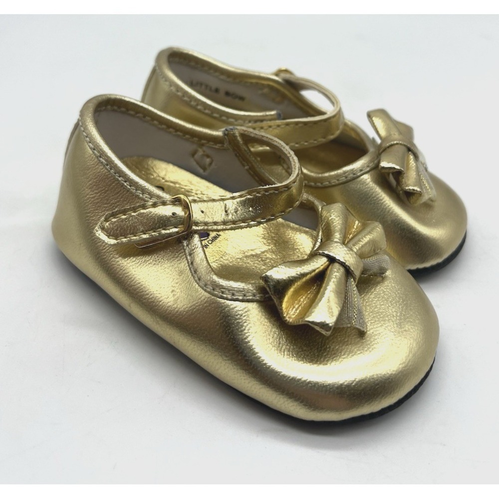 Vintage Baby Girl Dress Shoes Gold Bow Flats Crib Shoe Size 2 Step & Stride